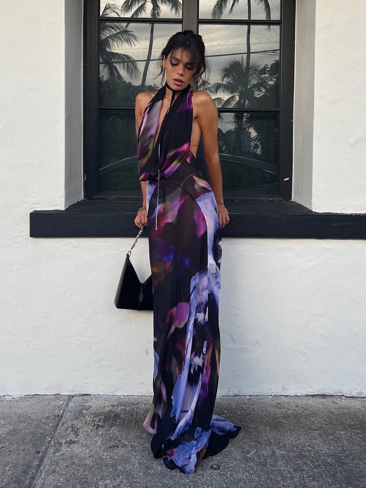 Backless Maxi Dress Sexy Print